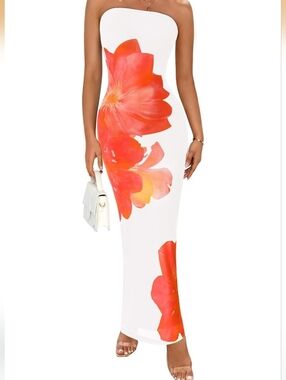 Strapless White Maxi Dress with Coral Floral Detail